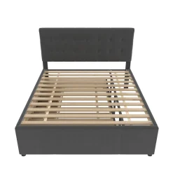 Lit 140x200 cm avec sommier gigogne et 3 tiroirs, tête de lit réglable, tapissé lin gris, cadre bois robuste