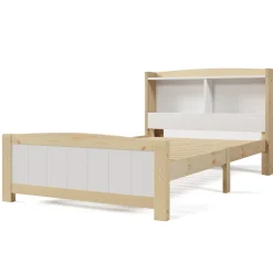Lit 90x200 cm avec tete de rangement integree, sommier a lattes, bois massif et MDF, finitions naturel blanc, pied bas 48 cm