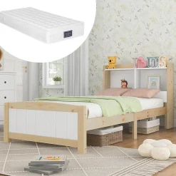 Lit 90x200 cm avec tete de rangement integree, sommier a lattes, bois massif et MDF, finitions naturel blanc, pied bas 48 cm