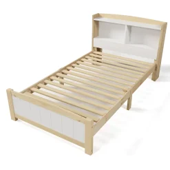Lit 90x200 cm avec tete de rangement integree, sommier a lattes, bois massif et MDF, finitions naturel blanc, pied bas 48 cm
