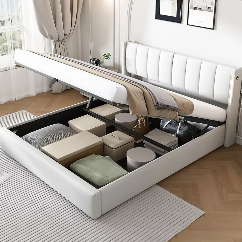 Lit 140x200 cm avec tete reglable 0deg 30deg et eclairage LED dimmable, port USB et revetement PU blanc