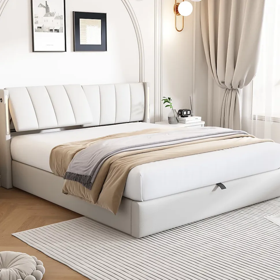 Lit 140x200 cm avec tete reglable 0deg 30deg et eclairage LED dimmable, port USB et revetement PU blanc