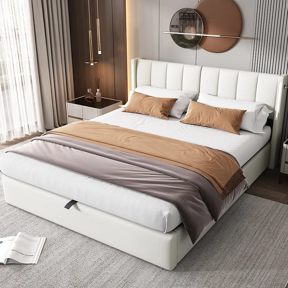 Lit 140x200 cm avec tete reglable 0deg 30deg et eclairage LED dimmable, port USB et revetement PU blanc