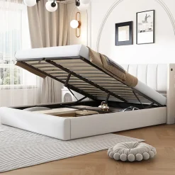 Lit 140x200 cm avec tete reglable 0deg 30deg et eclairage LED dimmable, port USB et revetement PU blanc