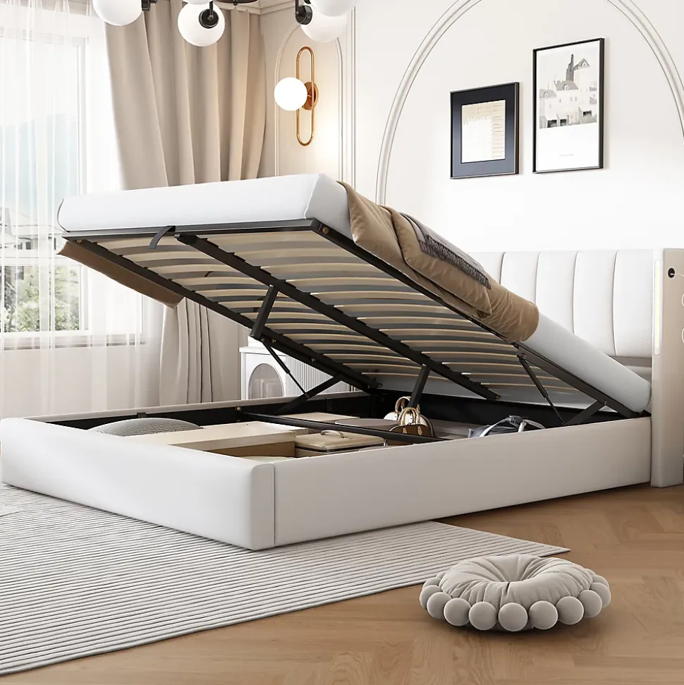 Lit 140x200 cm avec tete reglable 0deg 30deg et eclairage LED dimmable, port USB et revetement PU blanc