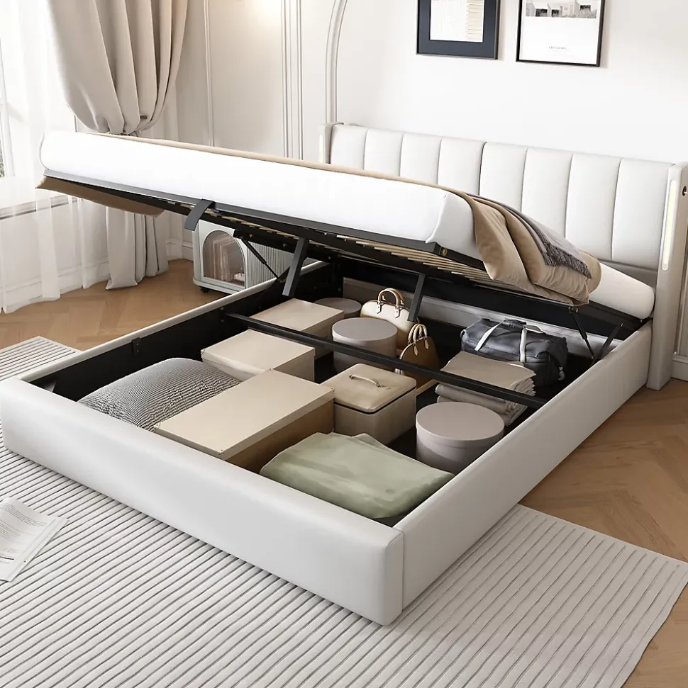 Lit 140x200 cm avec tete reglable 0deg 30deg et eclairage LED dimmable, port USB et revetement PU blanc