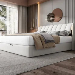 Lit 140x200 cm avec tete reglable 0deg 30deg et eclairage LED dimmable, port USB et revetement PU blanc