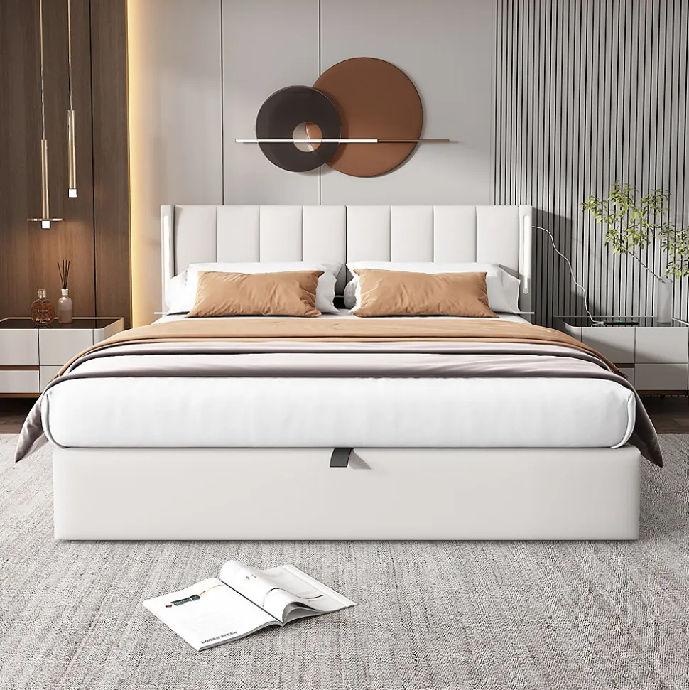 Lit 140x200 cm avec tete reglable 0deg 30deg et eclairage LED dimmable, port USB et revetement PU blanc