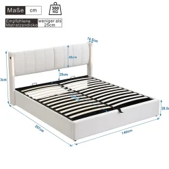 Lit 140x200 cm avec tete reglable 0deg 30deg et eclairage LED dimmable, port USB et revetement PU blanc