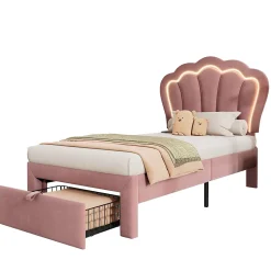 Lit 90x190 cm avec tiroir de rangement, tête de lit velours réglable à motifs floraux et éclairage LED RGB