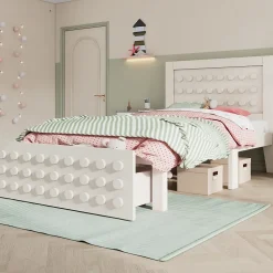 Lit 90x190 cm avec tiroir et grand espace sous-lit 26 cm, design créatif en bois blanc, idéal enfant