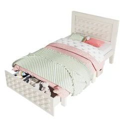 Lit 90x190 cm avec tiroir et grand espace sous-lit 26 cm, design créatif en bois blanc, idéal enfant