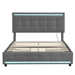 Lit 140x200 cm avec tiroirs, capitonné, rangement, LED, 2 chargeurs USB, sommier à lattes, gris.