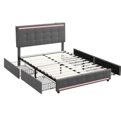 Lit 140x200 cm avec tiroirs, capitonné, rangement, LED, 2 chargeurs USB, sommier à lattes, gris.