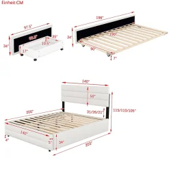 Lit 140x200 cm avec tiroirs de rangement et lit gigogne, tête tapissée lin beige, cadre MDF robuste