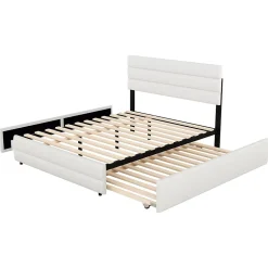 Lit 140x200 cm avec tiroirs de rangement et lit gigogne, tête tapissée lin beige, cadre MDF robuste