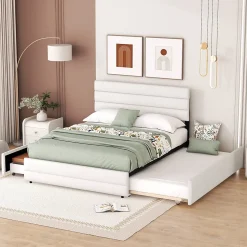 Lit 140x200 cm avec tiroirs de rangement et lit gigogne, tête tapissée lin beige, cadre MDF robuste