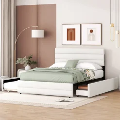 Lit 140x200 cm avec tiroirs de rangement et lit gigogne, tête tapissée lin beige, cadre MDF robuste