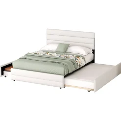 Lit 140x200 cm avec tiroirs de rangement et lit gigogne, tête tapissée lin beige, cadre MDF robuste