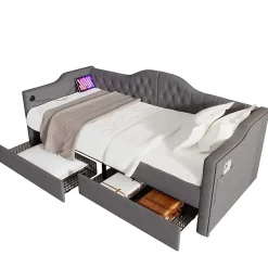 Lit 90x190 cm avec tiroirs de rangement et ports USB C, cadre tapissee lin gris et tete capitonnee vintage