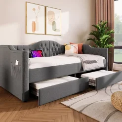 Lit 90x190 cm avec tiroirs de rangement et ports USB C, cadre tapissee lin gris et tete capitonnee vintage