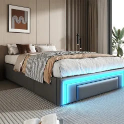 Lit 90x200 cm avec tiroirs de rangement, tapissee PU cuir gris et bande LED RGB, cadre metal robuste, sans tete de lit
