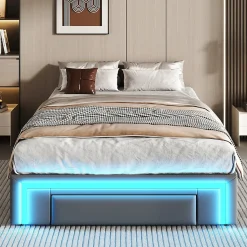 Lit 90x200 cm avec tiroirs de rangement, tapissee PU cuir gris et bande LED RGB, cadre metal robuste, sans tete de lit