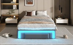 Lit 90x200 cm avec tiroirs de rangement, tapissee PU cuir gris et bande LED RGB, cadre metal robuste, sans tete de lit