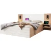 Lit 140x200 cm avec tiroirs de rangement et tête de lit avec liseuse 360 et prise USB blanc et chêne