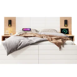 Lit 140x200 cm avec tiroirs de rangement et tête de lit avec liseuse 360 et prise USB blanc et chêne
