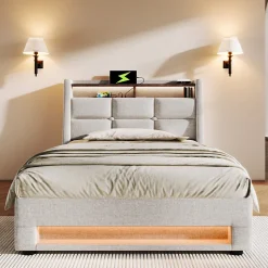 Lit 90x200 cm avec tête capitonnée en lin, éclairage LED multicolore et prise USB intégrée, coffre relevable