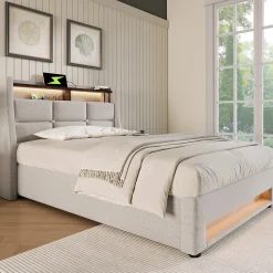 Lit 90x200 cm avec tête capitonnée en lin, éclairage LED multicolore et prise USB intégrée, coffre relevable