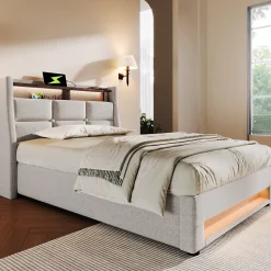 Lit 90x200 cm avec tête capitonnée en lin, éclairage LED multicolore et prise USB intégrée, coffre relevable