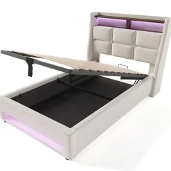 Lit 90x200 cm avec tête capitonnée en lin, éclairage LED multicolore et prise USB intégrée, coffre relevable