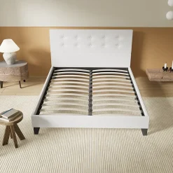 Lit 160x200 Cm Avec Tête De Lit Boutonnée Simili Blanc