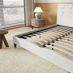 Lit 160x200 Cm Avec Tête De Lit Boutonnée Simili Blanc