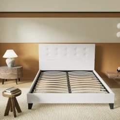 Lit 160x200 Cm Avec Tête De Lit Boutonnée Simili Blanc