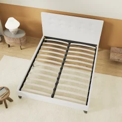 Lit 160x200 Cm Avec Tête De Lit Boutonnée Simili Blanc