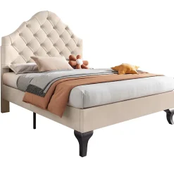 Lit 90x200 cm avec tête de lit réglable et sommier à lattes, revêtement velours beige, design classique