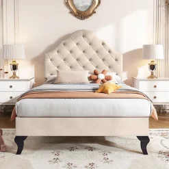 Lit 90x200 cm avec tête de lit réglable et sommier à lattes, revêtement velours beige, design classique