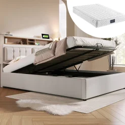 Lit 160x200 cm avec tête de lit réglable et rangement intégré, tapissé lin beige, prise USB/Type-C