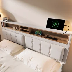 Lit 160x200 cm avec tête de lit réglable et rangement intégré, tapissé lin beige, prise USB/Type-C