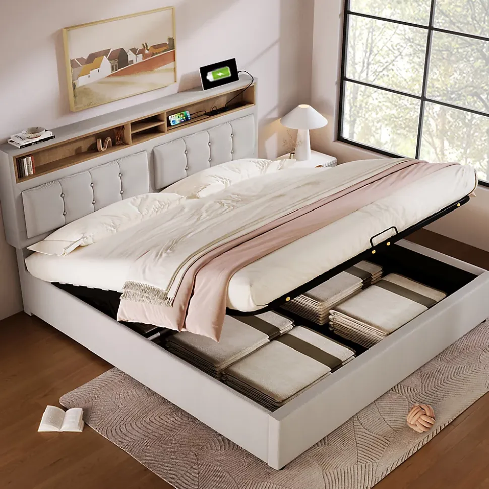 Lit 160x200 cm avec tête de lit réglable et rangement intégré, tapissé lin beige, prise USB/Type-C