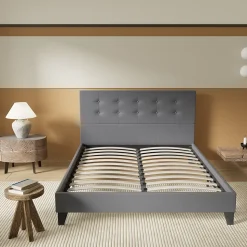 Lit 140x200 Cm Avec Tête De Lit Boutonnée Simili Gris