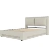 Lit 140x200 cm avec tête de lit fonctionnelle et rangement hydraulique, tapissé lin beige avec LED d'ambiance