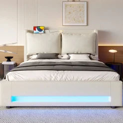 Lit 140x200 cm avec tête de lit fonctionnelle et rangement hydraulique, tapissé lin beige avec LED d'ambiance