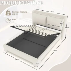 Lit 140x200 cm avec tête de lit fonctionnelle et rangement hydraulique, tapissé lin beige avec LED d'ambiance