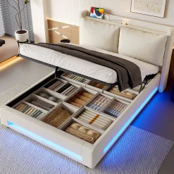 Lit 140x200 cm avec tête de lit fonctionnelle et rangement hydraulique, tapissé lin beige avec LED d'ambiance