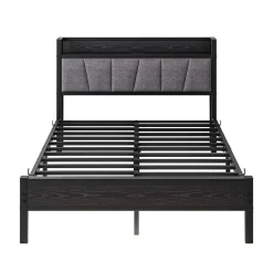 Lit 140x190 cm avec tête de lit rembourrée, cadre métal noir, éclairage LED intégré et rangement