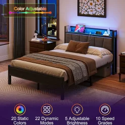 Lit 140x190 cm avec tête de lit rembourrée, cadre métal noir, éclairage LED intégré et rangement